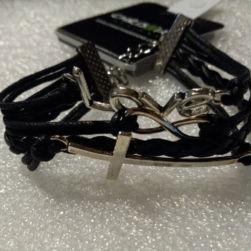 Infinity Cross Love Multi-Strand Leather Bracelet in Black and Silver